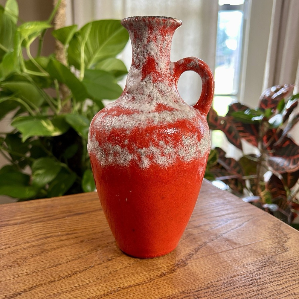 VTG Scheurich West German Pottery Fat Lava Pitcher Vase 2 20 MCM Poppy Red 8"